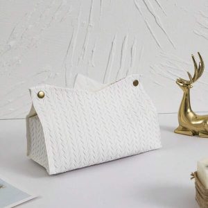 1pc Solid Color Wheat Tassel Herringbone Pattern Pu Leather V-Shaped Desktop Tissue Box, Multi-Functional For Office, Restaurant, Bar, Living Room, Bedroom, Birthday Party, Garden Gathering White