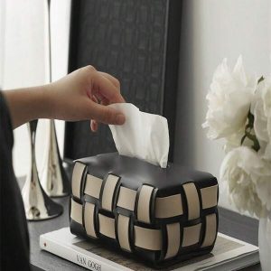 New Luxury PU Leather Tissue Box Holder, Suitable For Decoration Shelves, Living Room, Dining Room, Office Desk, Woven Leather Tissue Box, Black Stripe, Milky White Multicolor