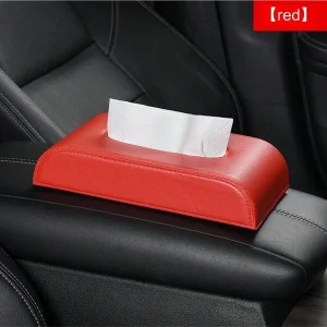 Car Tissue Box Car Supplies Creative Logo Paper Box Armrest Box Seat Type High-End Leather Napkin Box Red