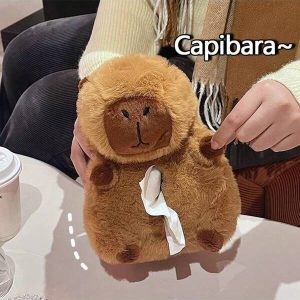 1pc Car Interior Functional Capibara Plush Tissue Box, Cute Furry Napkin Holder For Home Window Decor Brown