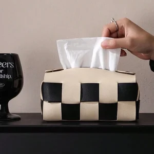 One Leather Tissue Box Cover Holder (Storage Box), In Chessboard Style With Black - And - White Contrasting Colors. It Is Available In Two Colors, Black And Off - White. It Can Be Used In The Living Room, At Home, In The Office, Bedroom, Dining Room, At Parties, As A Dressing - Table Item And A Photography Prop. It Is A Retro - Style Woven Napkin Dispenser Multicolor