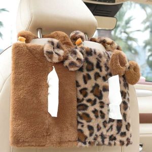 1pc Leopard Print Bow Car Tissue Box Holder, Hanging On Car Seat, Brown one-size